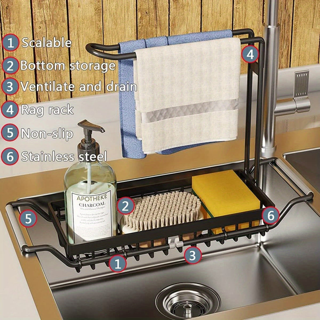 Expandable Stainless Steel Sink Caddy Organizer With Holder