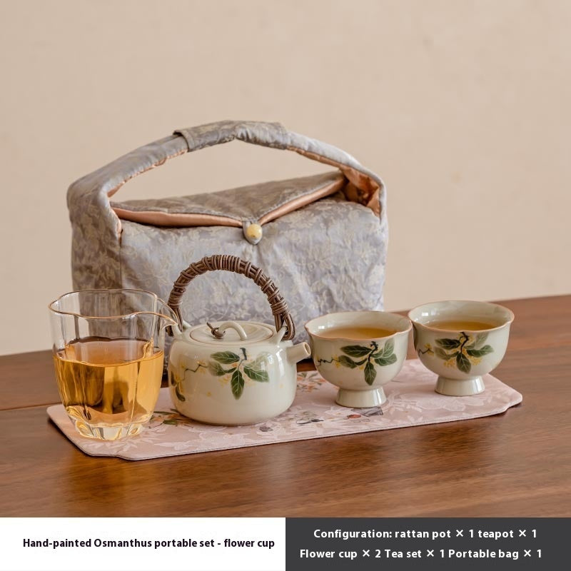 Hand Painted Osmanthus Rattan Handle Teapot Tea Set