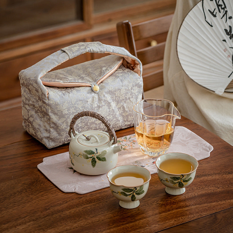 Hand Painted Osmanthus Rattan Handle Teapot Tea Set