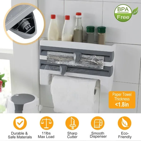 Magnetic Plastic Wrap And Foil Dispenser With Cutter Organizer