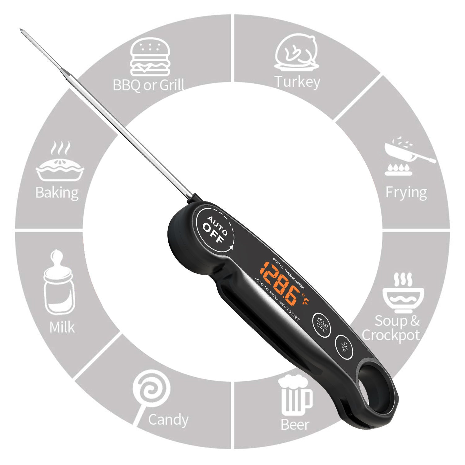 Folding BBQ Meat Thermometer with LED Display
