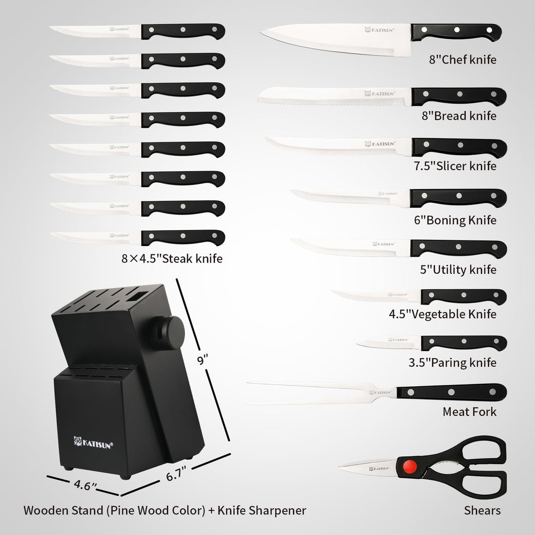 19 Piece German Steel Kitchen Knife Set With Sharpener
