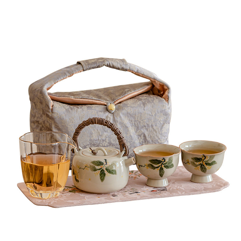 Hand Painted Osmanthus Rattan Handle Teapot Tea Set