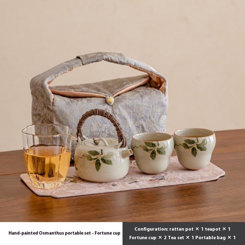 Hand Painted Osmanthus Rattan Handle Teapot Tea Set