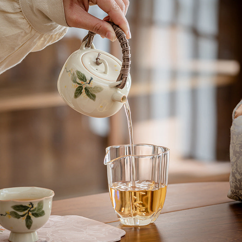 Hand Painted Osmanthus Rattan Handle Teapot Tea Set