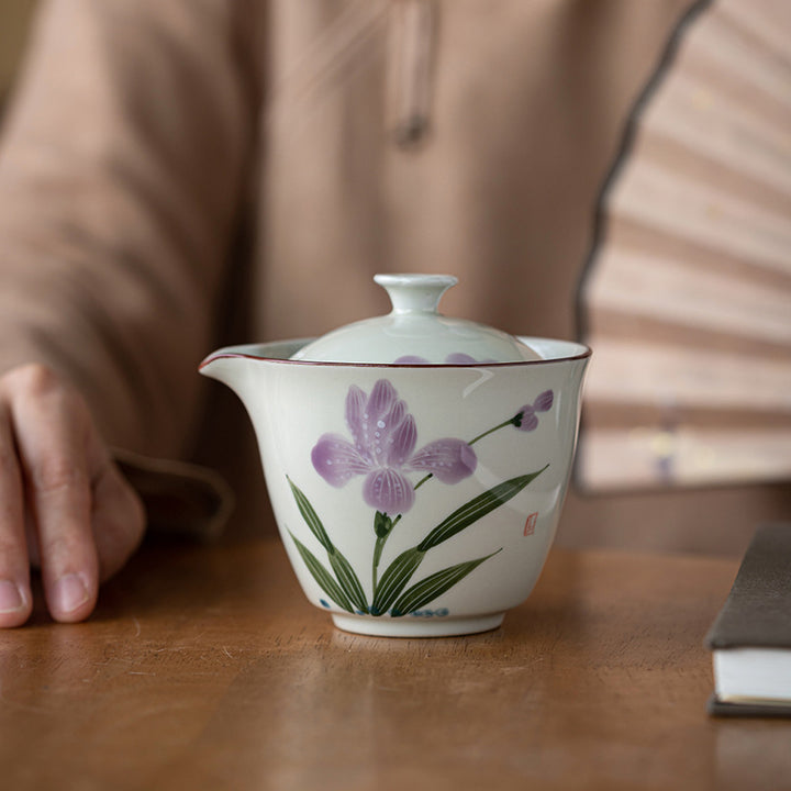 Hand Painted Purple Flower Teapot for Household Use