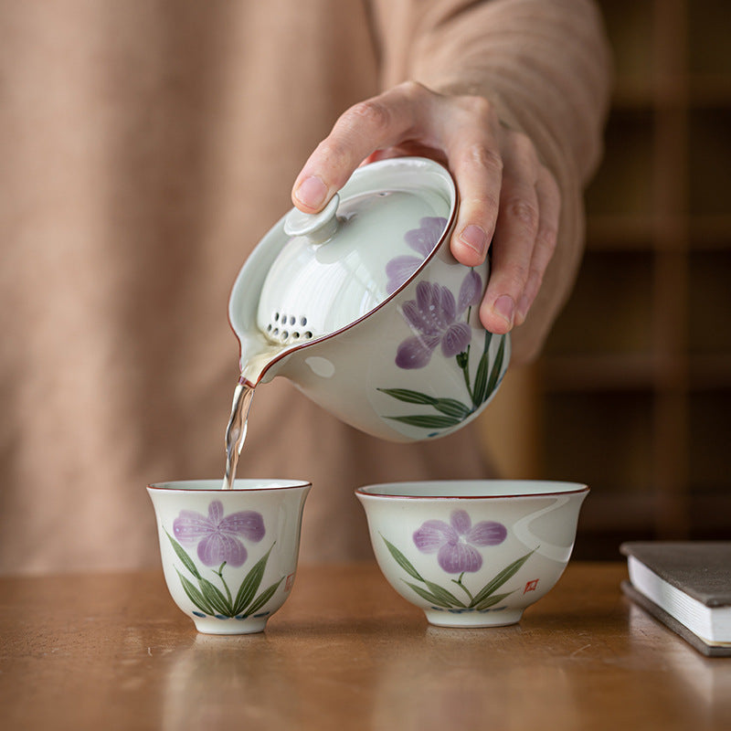 Hand Painted Purple Flower Teapot for Household Use