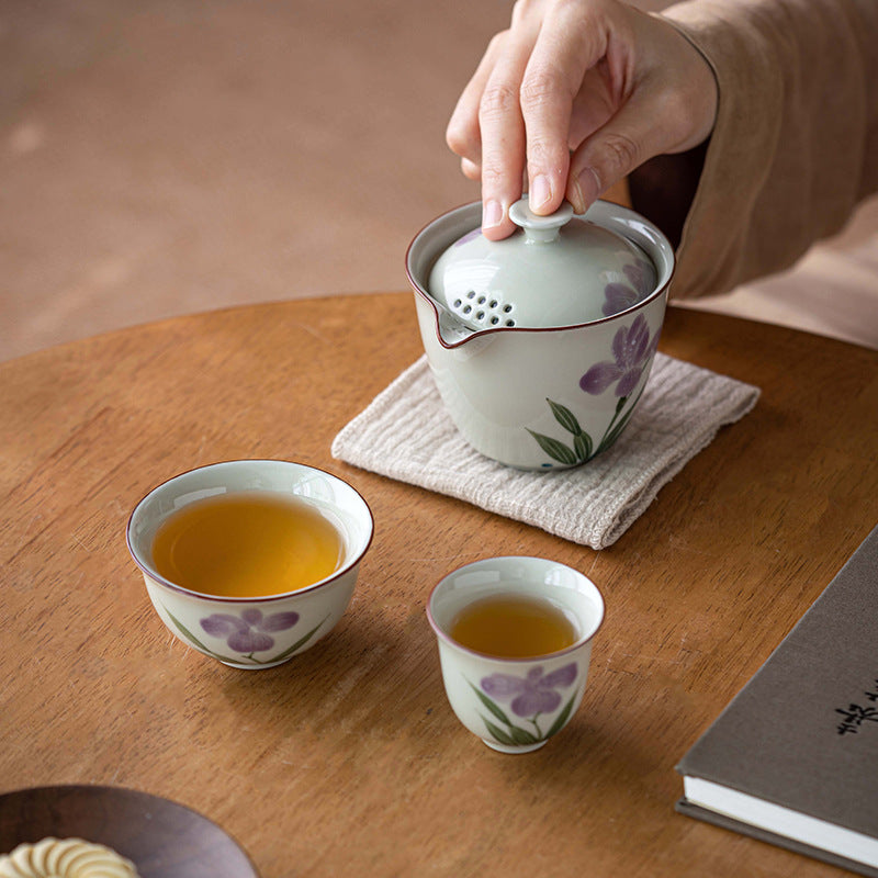 Hand Painted Purple Flower Teapot for Household Use