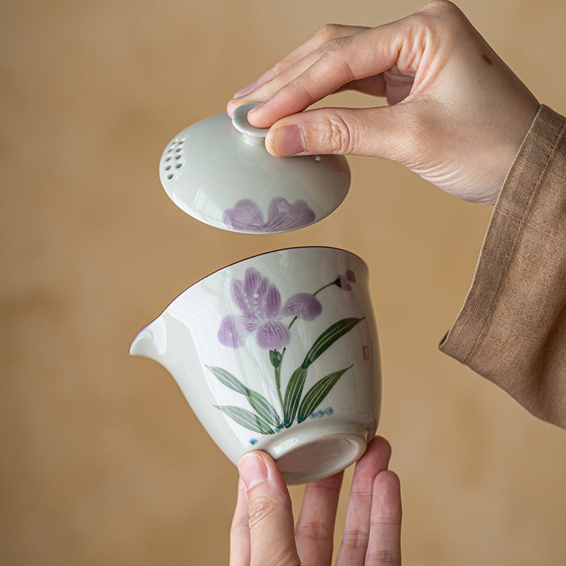 Hand Painted Purple Flower Teapot for Household Use