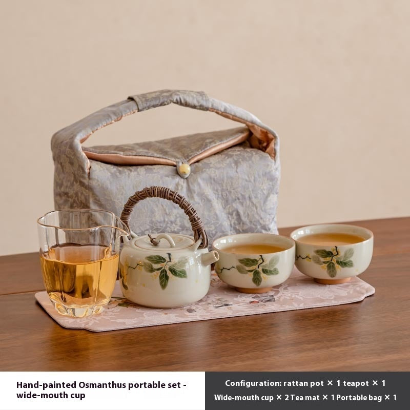 Hand Painted Osmanthus Rattan Handle Teapot Tea Set