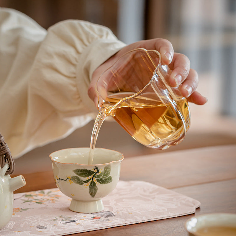 Hand Painted Osmanthus Rattan Handle Teapot Tea Set